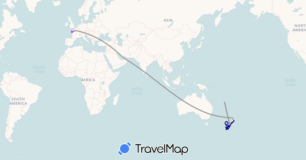 TravelMap itinerary: driving, plane, train in United Arab Emirates, Australia, France, New Caledonia, New Zealand (Asia, Europe, Oceania)